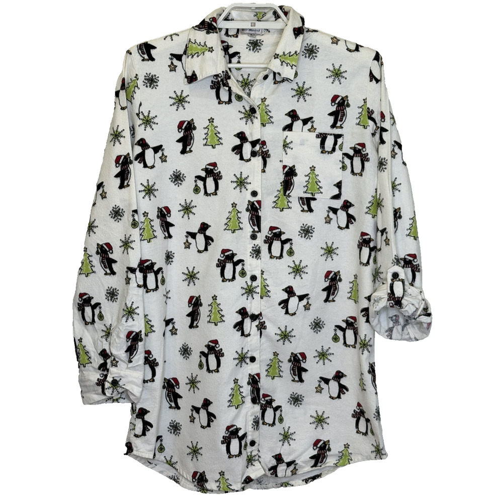 Insomniax Flannel Christmas Print Sleep Shirt Womens Size Small Penguins‎ Trees